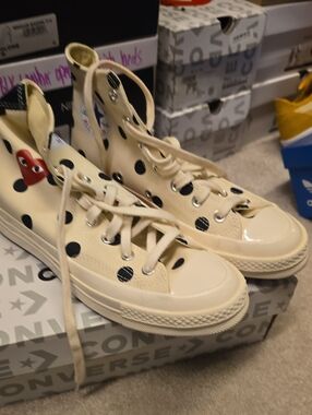 Converse UNISEX High-Top Sneakers in Cream w/ Black Polka Dots & Red Heart [CDG]